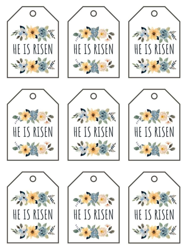 He Is Risen gift tag with orange, cream, and blue flowers on Easter gift tags