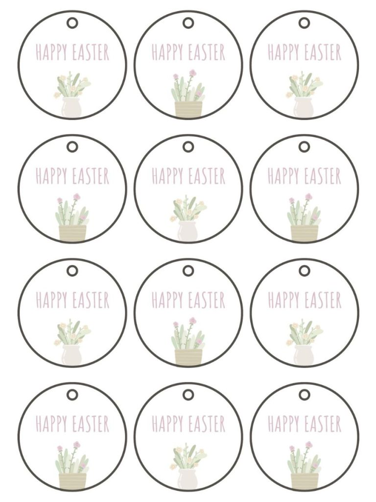 Pink and white Happy Easter round gift tags with floral bouquets