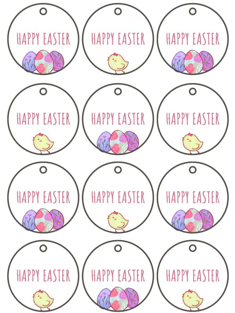 Bright pastel Easter eggs and yellow chicks on round white gift tags 