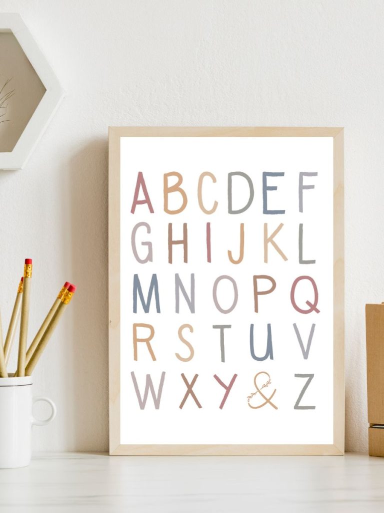 Pastel rainbow colorful letters of the alphabet abc free educational poster printable in wooden frame 