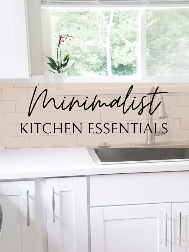Minimalist kitchen essentials graphic with a window and clean white kitchen