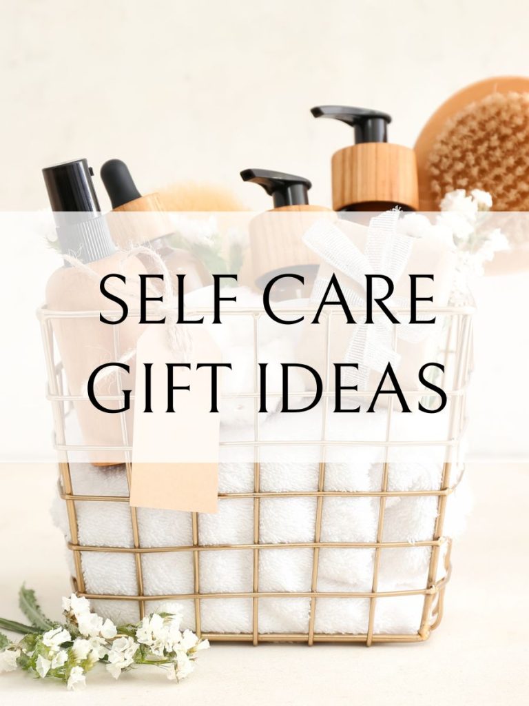 Self care gift basket ideas for moms recovering after a Cesarean delivery. Shower caddy gift basket with self care items. 